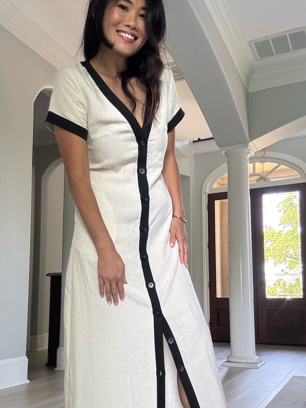 ✨COMMENSE Cotton & Linen High-Slit Contrast Trim Dress Black and White✨ - Picture 5 of 10